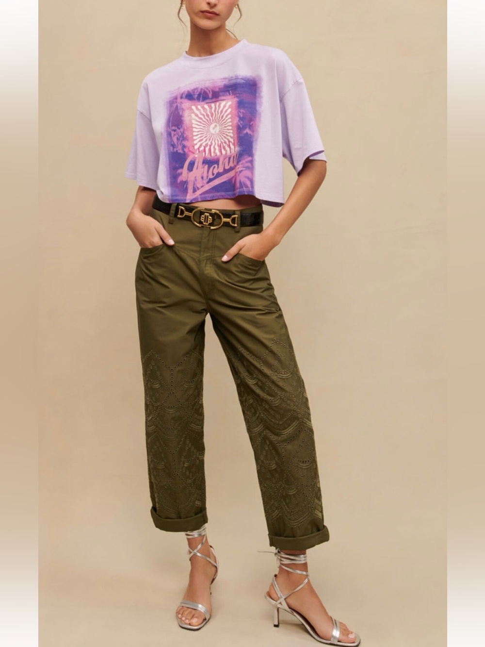 Maje Aloha Palm Tree Graphic Crop Purple T-Shirt 100% Cotton Size 3 Large NWT